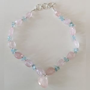 rose quartz aquamarine silver gemstone necklace